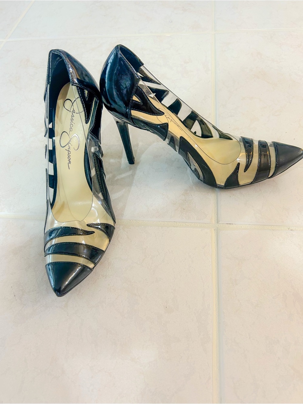 Jessica Simpson Black and Nude Strappy Pointed-Toe Pumps